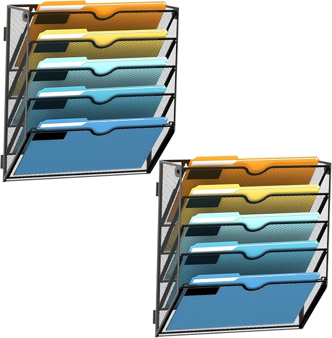 5-Tier Hanging Wall File Organizer with Hooks, 2 Pack | Mesh Wall File Holder, Mail Organizer Wall Mounted for Papers, Documents, Folders and Magazines in Home Office, Classroom by SUPEASY