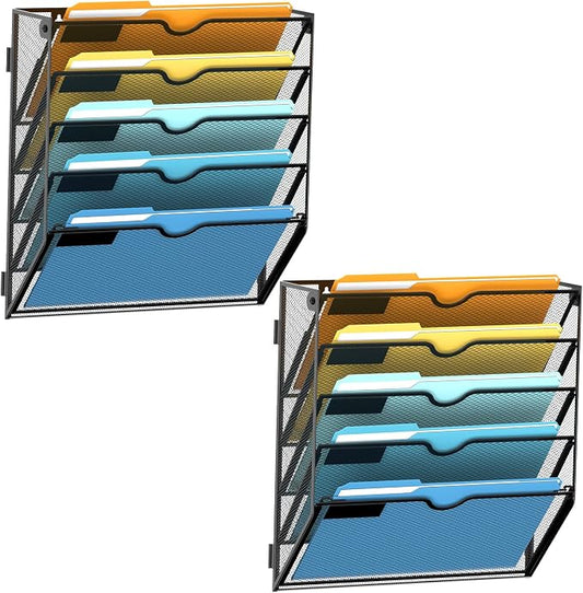 5-Tier Hanging Wall File Organizer with Hooks, 2 Pack | Mesh Wall File Holder, Mail Organizer Wall Mounted for Papers, Documents, Folders and Magazines in Home Office, Classroom by SUPEASY