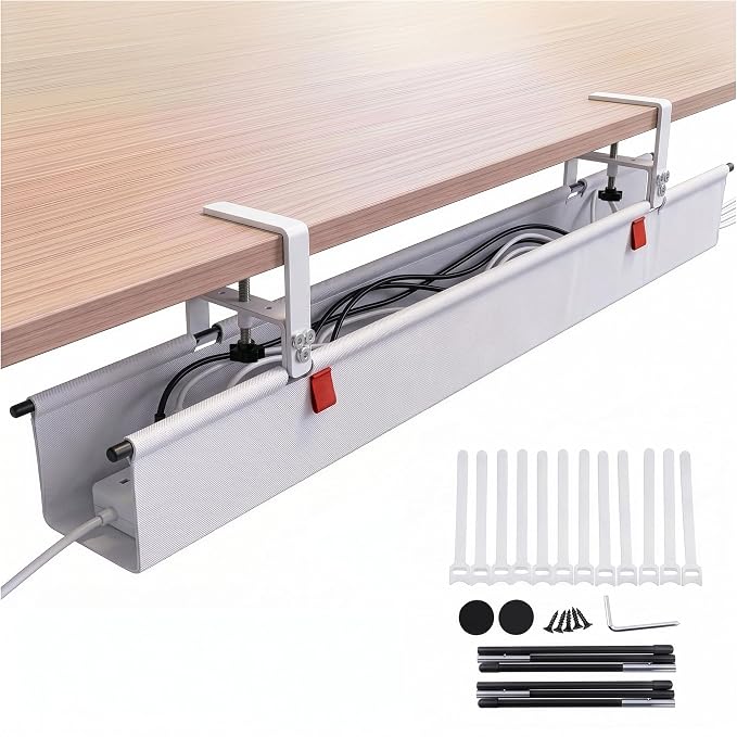 Under Desk Cable Management Tray 48" — No Drill Clamp-On Cord Organizer for Desk with Built-in Ties, Heavy Duty Metal Clamp, Foldable 600D Oxford Fabric for Home Office, WFH & Gaming PC Setup (White) by Unknown
