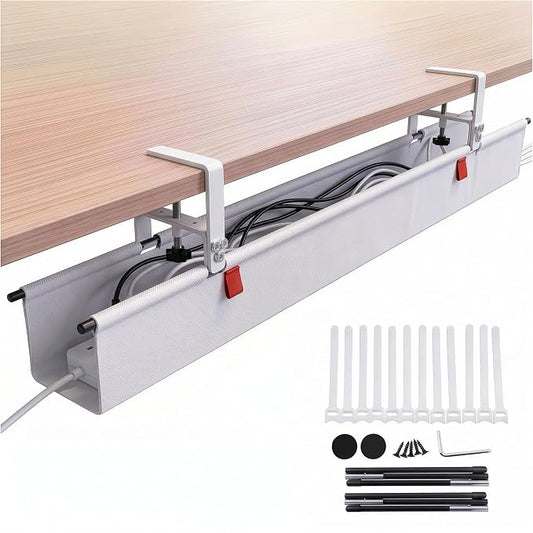 Under Desk Cable Management Tray 48" — No Drill Clamp-On Cord Organizer for Desk with Built-in Ties, Heavy Duty Metal Clamp, Foldable 600D Oxford Fabric for Home Office, WFH & Gaming PC Setup (White) by Unknown