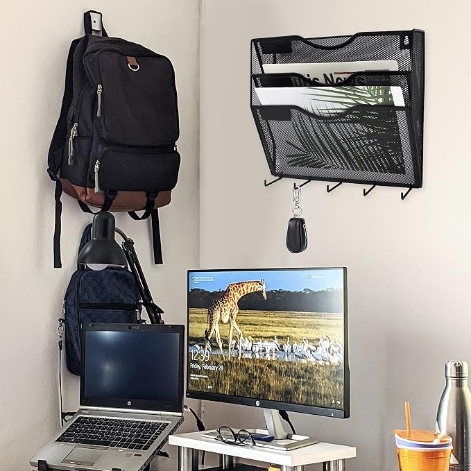 3 Pocket Mesh Hanging File Organizer with Key Holder Hooks & Nametag Label, Wall Mounted Mail Paper Document Folder Clipboard Storage Organization Magazine Rack for Office Cubicle, Black - Image 6