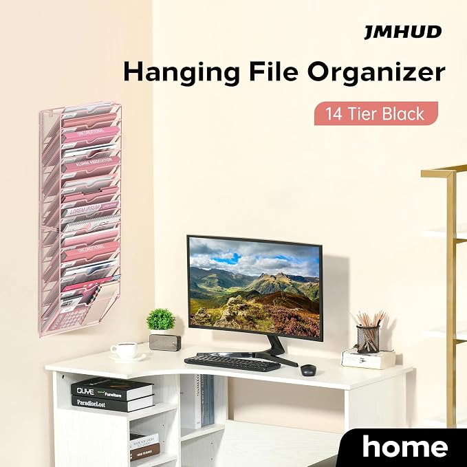 14-Tier Wall File Organizer and Hanging File Organizer, Pink | Wall Organizer and Wall Mounted File Holder with 14 Pockets and Label Panels for Files, Mail, Folders, Magazines and Paper - Image 3