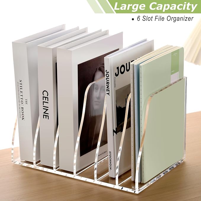SANRUI Acrylic Desk File Organizer, Clear Magazine File Holder 6 Slot | Vertical Workspace Sorters, Folder Rack for Office Accessories Organization Storage - Image 3