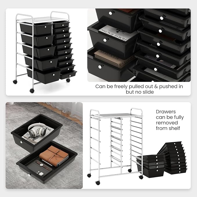 Giantex 15 Drawer Rolling Storage Cart Tools Scrapbook Paper Office School Organizer, Black - Image 6