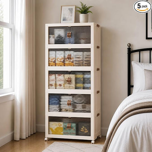 SAILUN 580Qt Stackable Storage Bins,Storage Cabinet a Lid,5Pack Blush White | Stackable Storage Drawers with Lids,26" W x 17" D x 71" H,Featuring open-front Access for Closet Storage by SAILUN