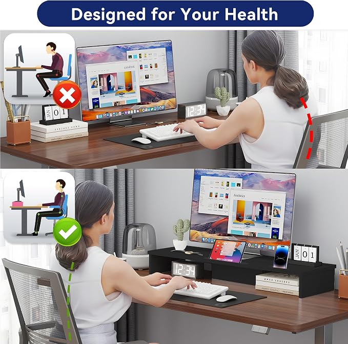 Dual Monitor Stand Riser with Phone Tablet Holder, 35.8in Large Monitor Stand for Desk, Computer Monitor Stand for 2 Monitors, Desk Shelf for Top of Desk, Desktop Organizer for Laptop, Printer, TV - Image 5