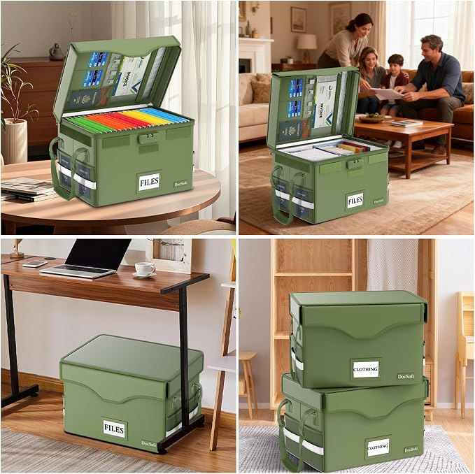 DocSafe 5200°F Fireproof Document Box with Lock,Heat Insulated File Organizer Storage with Pockets,Collapsible Portable Home Office File Safe Box with Handle for Hanging Letter/Legal Folders, Green - Image 2