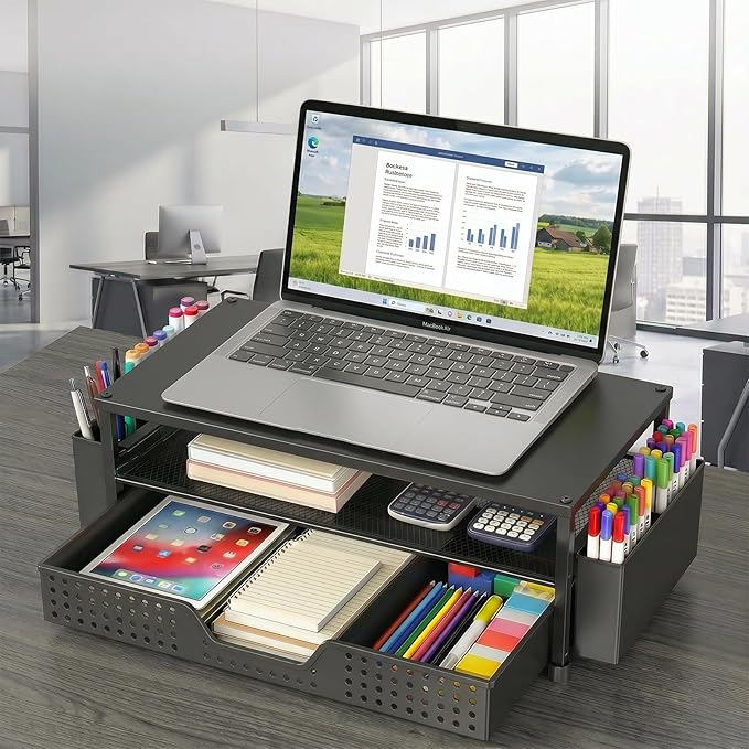 ECOLOVI Desk Organizer and Accessories, 2-Tier Computer Monitor Stand Rise with Storage Drawer & 2 Pen Holders, Laptop & Printer Stand for Desktop, Workspace Organizers for Office Supplies (Black Wood) - Image 4