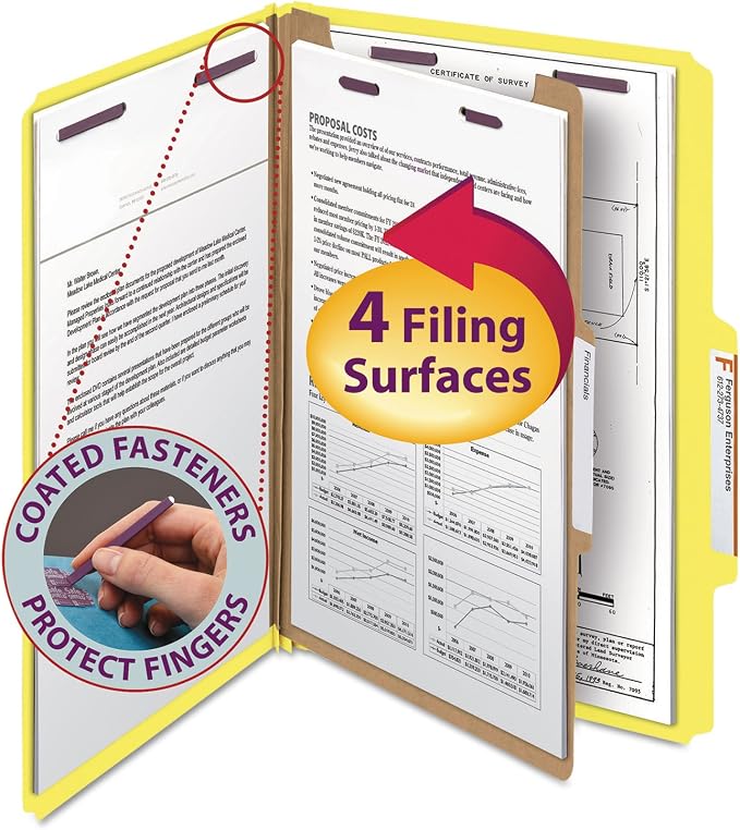 Smead Pressboard Classification File Folder with SafeSHIELD Fasteners, 1 Divider, 2" Expansion, Legal Size, Yellow, 10 per Box (18734) by SMEAD