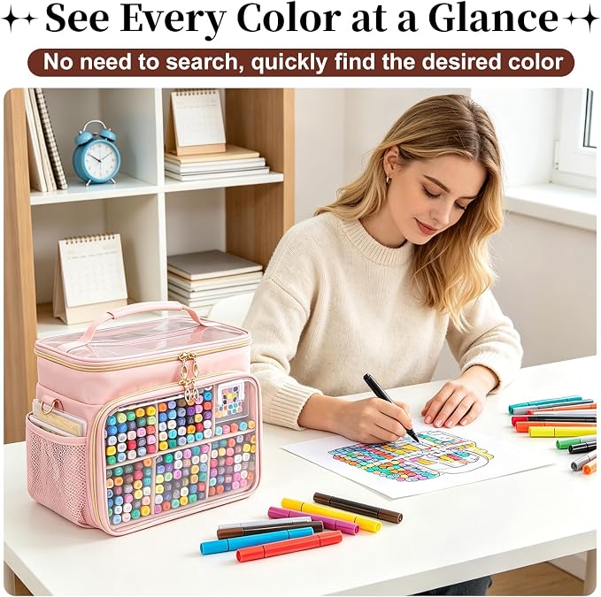 Large Double-Layer Marker Organizer Case for 200-300 Markers, Pink | Marker Bag with Removable Dividers, Marker Organizer for Markers, Pencils, Crayons or Other Art Supplies, (Bag Only) - Image 6