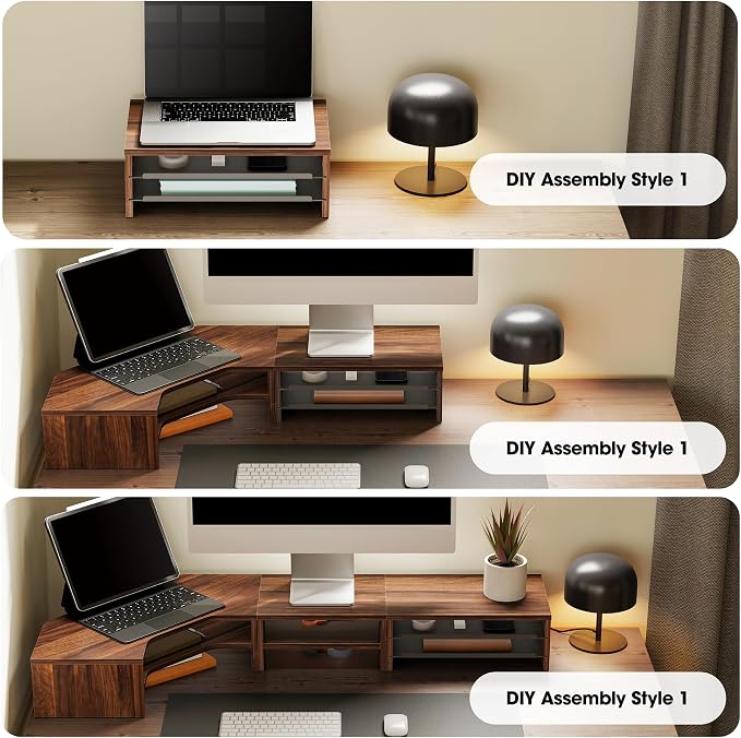 Fenge 14.3-Inch Monitor Stand with Slide-Out Trays, Wood & Metal Desk Shelf | 3-Tier Space-Saving Desk Storage Organizer, Fits Computer, Laptop, Printer and Telephone - Image 8