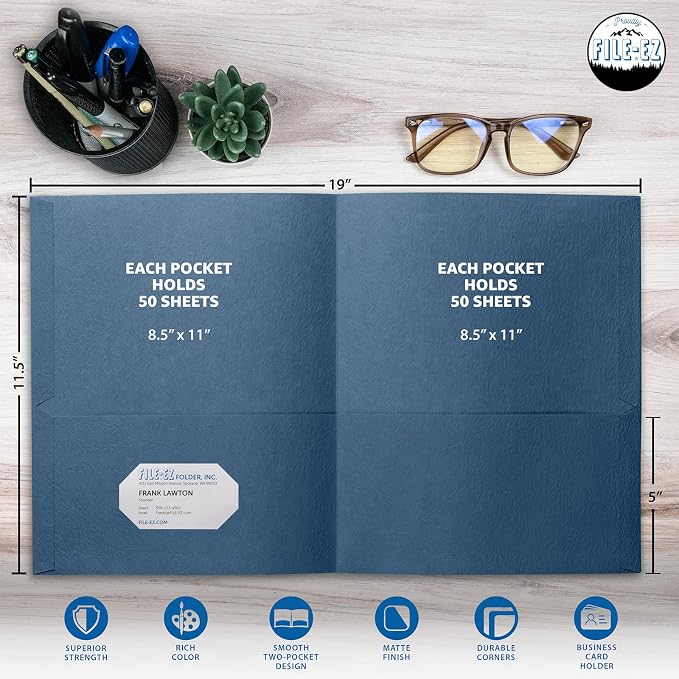 FILE-EZ Two-Pocket Folders, Dark Blue, 125-Pack, Textured Paper, Letter Size (EZ-32423) - Image 2