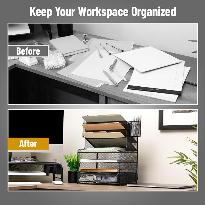 Mind Reader Mesh Desk Organizer, 6 Compartments, 1 Drawer, 2 Pen Cups, Office Desktop Organizer, Metal Mesh, Black - Image 5