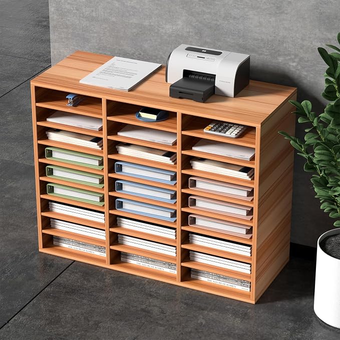 VEVOR 27 Compartments Wood Literature Organizer, Adjustable Shelves, Medium Density Fiberboard Mail Center, Office Home School Storage for Files, Documents, Papers, Magazines, Burlywood - Image 8