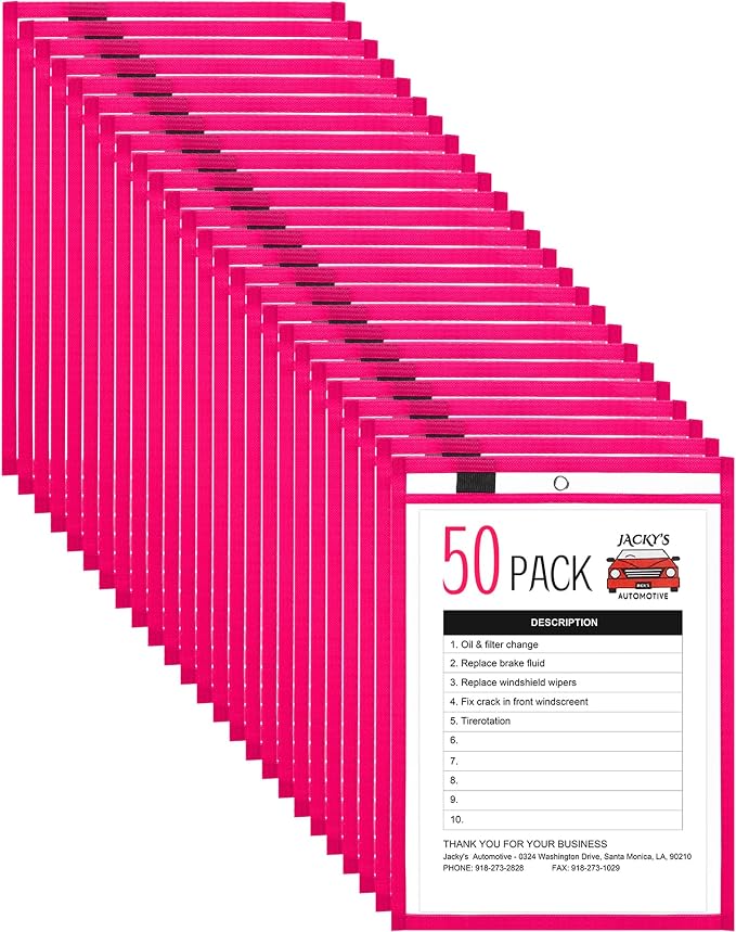Nezyo Dry Erase Pockets Plastic Job Ticket Holders Shop Holder Order Pockets Clear Sleeves Tickets Folders Plastic Sleeves Paper Teacher Supplies for Classroom(14 x 10 in,Rose Red,50 Pcs) by Nezyo
