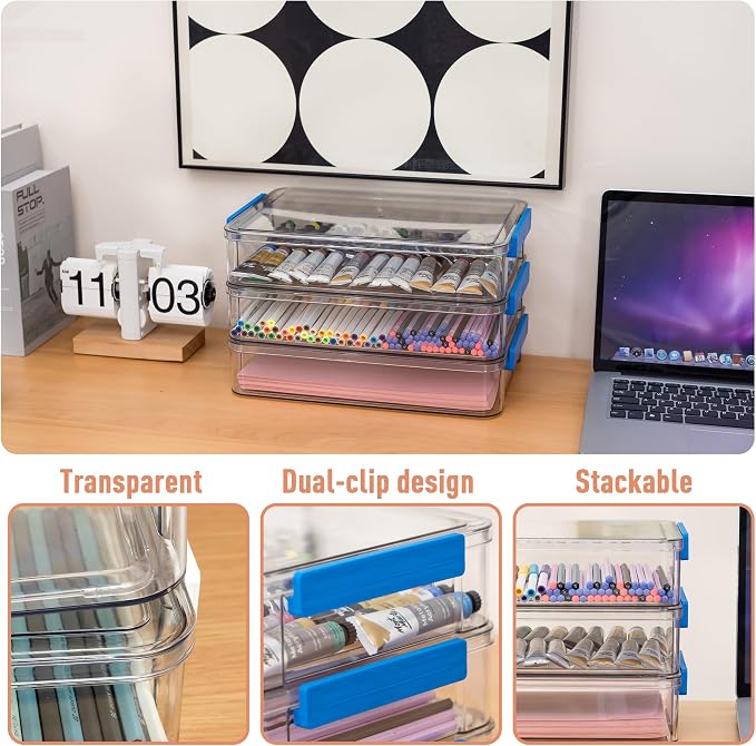 Citylife 3Packs 9''x13''Plastic Storage Bins with Lids,Stackable File Box | Clear Latches Organizing for A4 Paper,Letters,Documents,Art Supplies,and Crafts,Portable Project Case for Drawers - Image 5