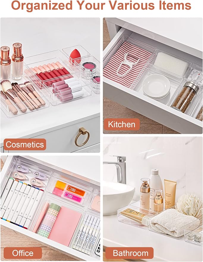 SMARTAKE 13 PCS Drawer Organizer 5-Size Desk Makeup Drawer Organizer Clear | Storage Trays for Makeup with Non Slip Silicone Pads, Jewelries, Utensils in Bedroom Dresser, Office, Kitchen and Bathroom - Image 6