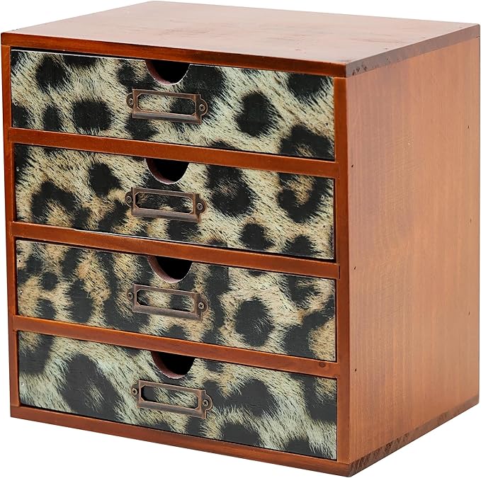 Classic Leopard Print Wooden Desk Organizer - 4-Drawer Desktop Storage - Rustic Wood Cabinet for Office Supplies, Craft Tools, & Home Organization - Luxurious Drawer Unit by PrimoSupply