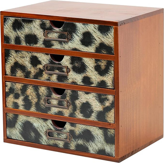 Classic Leopard Print Wooden Desk Organizer - 4-Drawer Desktop Storage - Rustic Wood Cabinet for Office Supplies, Craft Tools, & Home Organization - Luxurious Drawer Unit by PrimoSupply