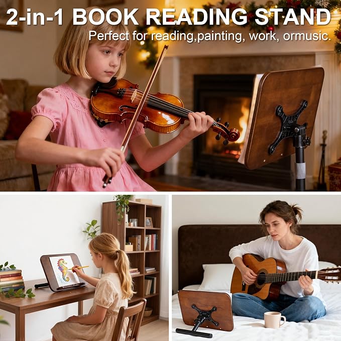 2 in 1 Dual-use Music Stand & Desktop Book Stand, Adjustable Height 16.5"-51", 100% Solid Wood Laptop Floor Stand Book Holder with Elastic Page Clips for Cookbooks (Black Walnut with Tray and Wheels) - Image 2