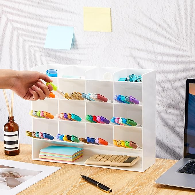 MotiMind Acrylic Pen Organizer Storage for 200 Markers Vertical Marker Organizer Acrylic Pen Display Holder for Office Desk Desktop Stationery Pencil Storage, White, 13 x 4 x 10.2 Inch - Image 4