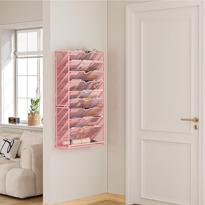 Lavatino 10-Tier Hanging Wall File Folders Organizer - Pink Metal Mesh Paper Magazine Document Mail Holder File Organizer for Office School Home Wall Mount or Desk Supplies Organization - Image 8
