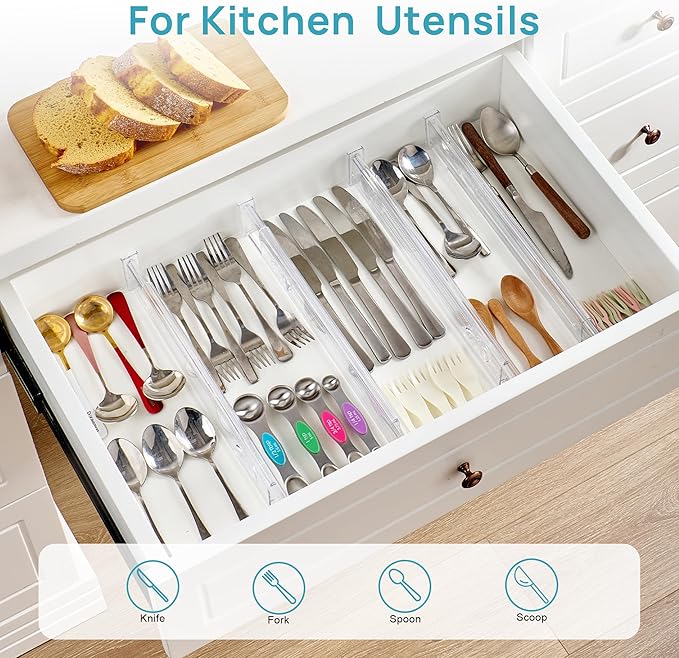 Vtopmart 2.36" Short Upgrade Drawer Dividers 12.8"-22.3" Expandable 12 Pack | Adjustable Kitchen Drawer Organizer, Clear Plastic Separator for Flatware, Utensils, Cutlery, Underwear Storage, Space Saving - Image 4
