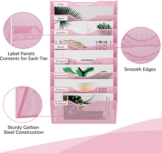 EasyPAG 8 Pocket Mesh Wall File Organizer, Hanging Paper Folder Holder with Classify Label, Vertical Wall Mount Mail Organizer for Office Home Classroom, Pink - Image 3