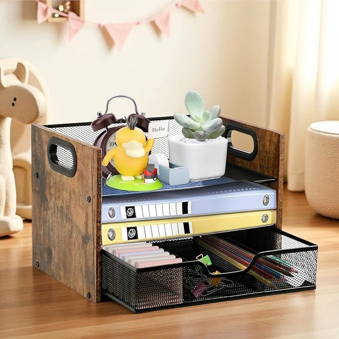 Wood Desk Organizer - 3-Tier Desktop File Organizer with Drawer, Wooden Paper Tray, Office Desk Organzier and Accessories for Papers, Mail, Notebooks, Stationery - Image 7