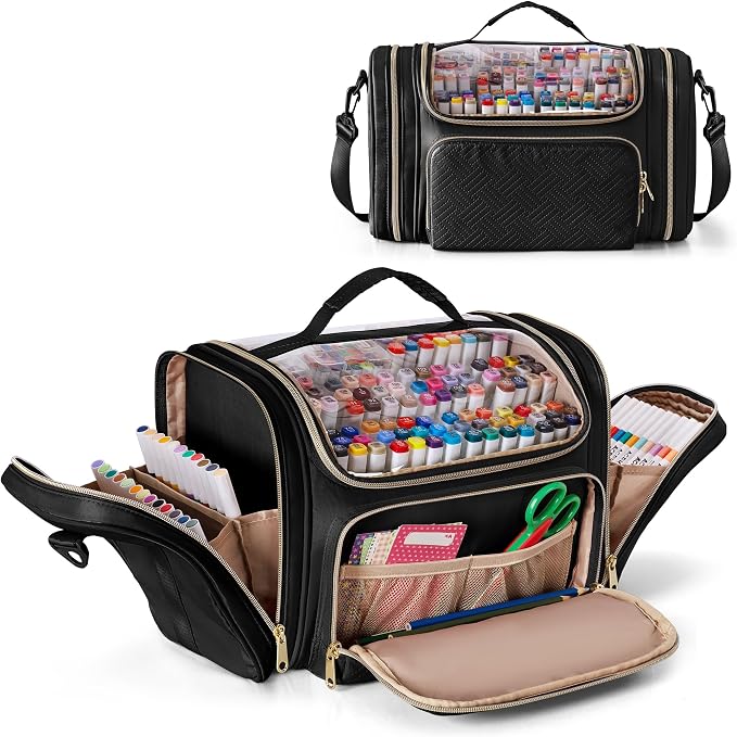 Rexmica Marker Organizer Case Storage Bag for 180-300 Markers, Black | Detachable Divider, Shoulder Strap, Large Marker Travel Holder Case Bag for Adults for Various Markers or Art Craft Supply by Rexmica