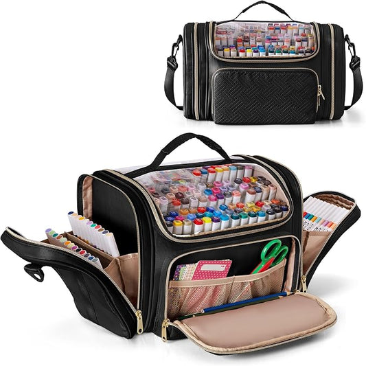 Rexmica Marker Organizer Case Storage Bag for 180-300 Markers, Black | Detachable Divider, Shoulder Strap, Large Marker Travel Holder Case Bag for Adults for Various Markers or Art Craft Supply by Rexmica