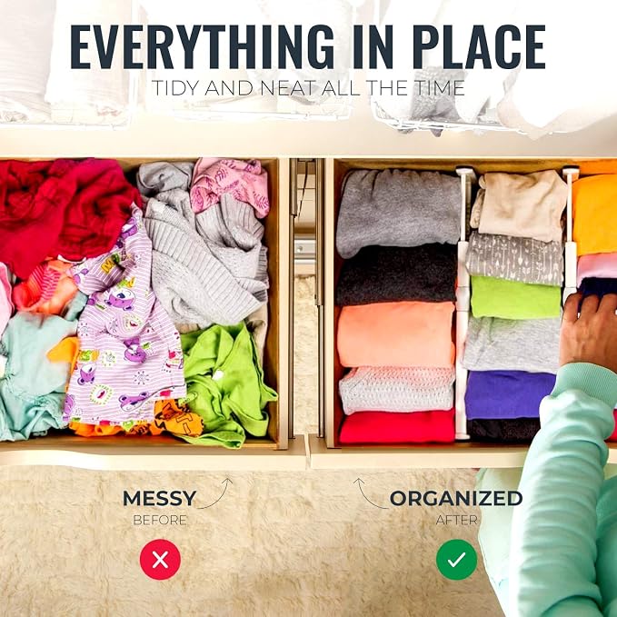 RAPTUROUS Deep Drawer Dividers 8 Pack, 5 Inch Tall, 13-22 Inch Long Expandable, Adjustable Drawer Organizer for Clothing, Dresser, Kitchen, Strong Hold, Soft Foam Edges, White - Image 5
