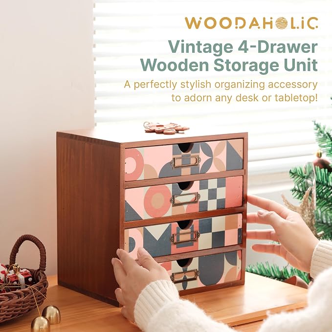 Mid-Century Modern Geometric Pattern Desk Organizer - Earth Tone Desktop Storage with 4-Drawer - Retro Modern Wood Cabinet for Office Supplies, Craft Tools, & Home Organization - MCM Drawer Unit - Image 3