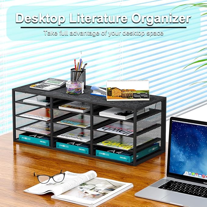 Mail Sorter Adjustable Countertop Heavy Duty Literature Organizer Student Mailbox for Classroom Desktop Bill Paper Holder Rack for Office Home School, 12 Compartments, Black - Image 2