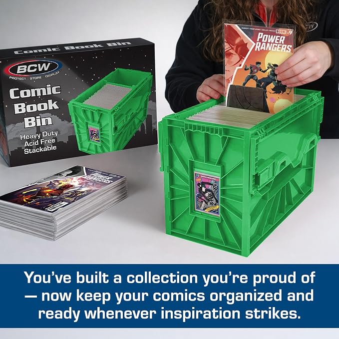 BCW Short Comic Book Bin | Holds 150 Comics | Stackable Plastic Storage | Acid-Free Organizer | Green, 5 Pack - Image 2