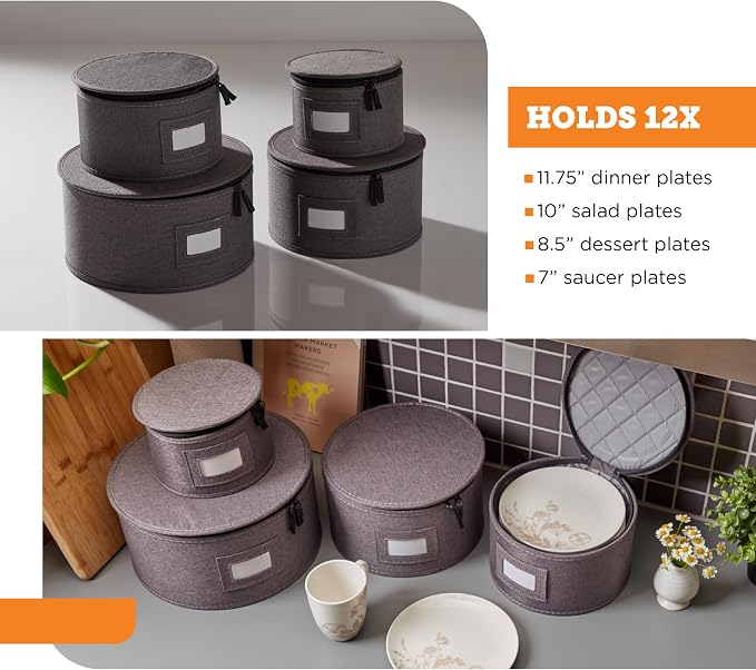 4-Piece Quilted China Plate Storage Set | Felt Dividers | Gray | 4-Piece Quilted Plate Set - Dinner, Salad, Dessert & Saucer Cases, 12 Plates Each. Felt Dividers, Dual Zippers. - Image 3