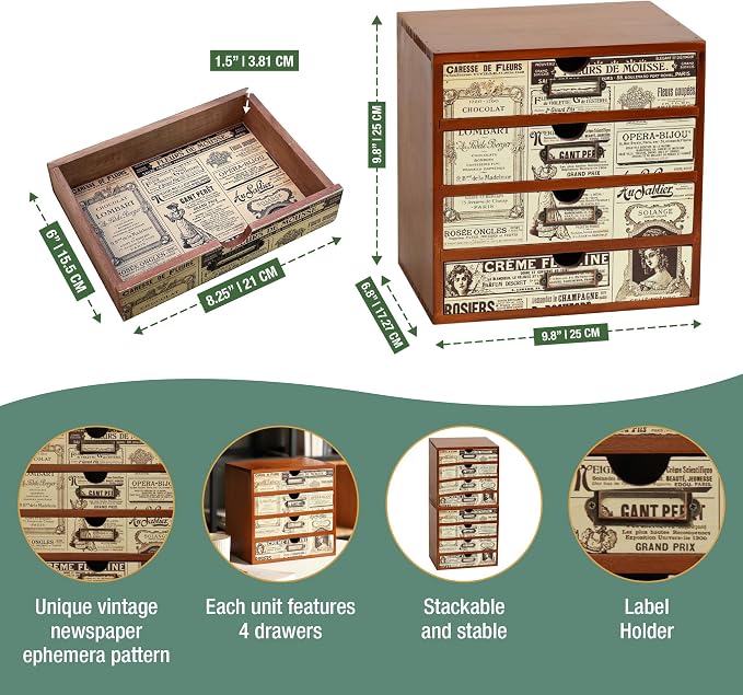 4-Drawer Vintage Ephemera Pattern Desktop Organizer - Arts and Craft Newspaper Design Desk Storage Cabinet - Ephemera Wood Shelf Drawers with Label Holders - Scrapbook Collecting - Image 2