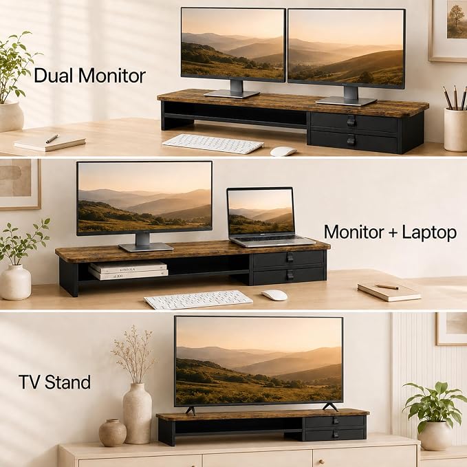 Dual Monitor Stand, 42.5 Inch Wood Monitor Riser with Drawers, 2 Tier Desktop Organizer for Computer Laptop TV, Large Screen Stand for Home Office Desk - Image 6