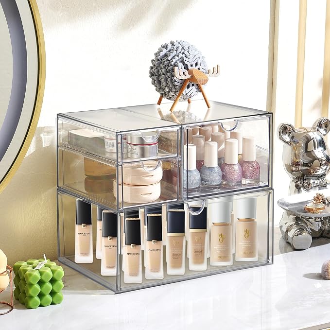 Prsildan Acrylic Drawer Makeup Organizer with 4 Drawers, Set of 2 | Clear, Baby Bottle Storage, For Vanity Countertop Bathroom Cosmetic Office Desk, Craft Jewelry Art Supply Organization - Image 2