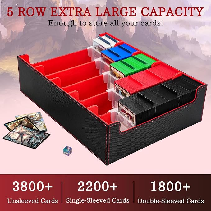 5 Row Trading Card Storage Box, 3800+Bulk Card Organizer Box with 20 Dividers & 5 Supporters, Graded Card Deck Box for YuGiOh, MTG, TCG Black/Red - Image 3