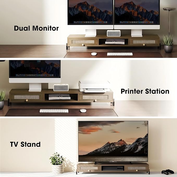 Fenge Dual Monitor Stand, Wooden Riser With Rattan Woven Flip Drawers | 2-Tier Monitor Riser, 42.5in Long Desk Shelf for 2 Monitors, Vintage Computer Stand for Laptop, Printer, TV, Brown - Image 6