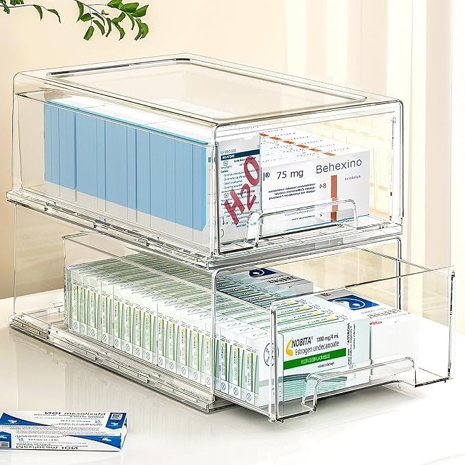 clear Drawer-Type Plastic Storage Box Bins Organizer，Family First Aid Kits Medicine cabinet Box Organizer,Closet ，Shelf，Ointments, Adhesive Bandages，Cosmetics,Office Items (clear, 2L) by Gaoaodeyu