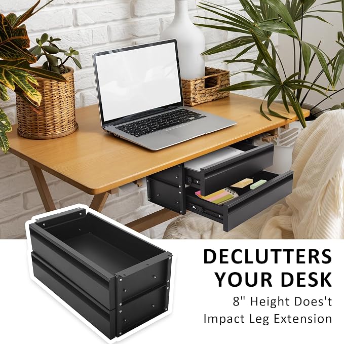 POPMOON 15 inch 2-tier Under Desk Drawer Slide Out Adjustable Organizer | Under Desk Drawer Slide Out Adjustable Height, Smooth Slide Rails, Carbon Steel Under Table Drawer, Tier Hold 22 Lbs - Image 4