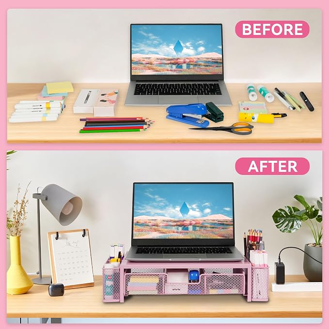Qupui Computer Monitor Stand Riser with Drawer and Pen Holders, Desk Organizer Shelf and Accessories, Office Desk Accessories, Office Organization, Pink - Image 3