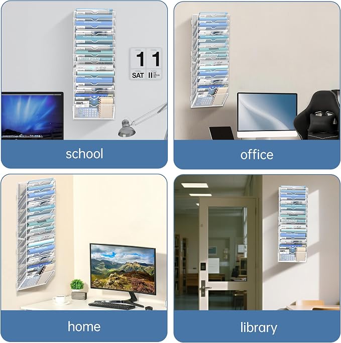 14-Tier Wall File Organizer and Hanging File Organizer, White | Wall Organizer and Wall Mounted File Holder with 14 Pockets and Label Panels for Files, Mail, Folders, Magazines and Paper - Image 7