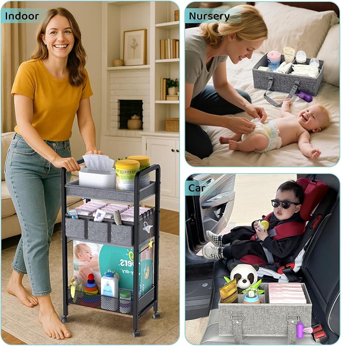 2IN1 Baby Diaper Caddy Organizer-3 Tier Rolling Storage Cart with Dividers - Bedside Diaper Caddy Cart for Baby Nursery Newborn Essentials-Mobile Utility Carts with Wheels for Changing Table - Image 4