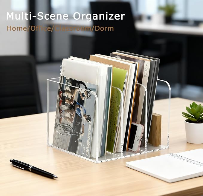 YUXUN Acrylic Desk File Organizer - 3 Section Vertical File Folder Rack, Clear Desktop Sorter for Home/Office/Classroom, Holds Magazines, Binders, Notebooks, Envelopes & Documents - Image 6