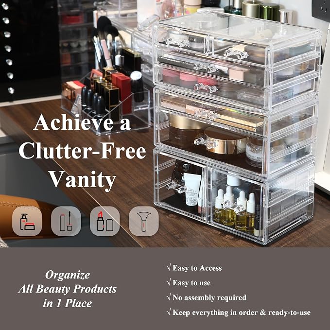 Sea Team 3-Tier Stackable Clear Acrylic Makeup Organizer with Drawers | Multi-Purpose Cosmetic Display Case, Jewelry Storage Box with 8 Drawers, Ideal for Vanity, Dresser, Bathroom, Countertop - Image 3