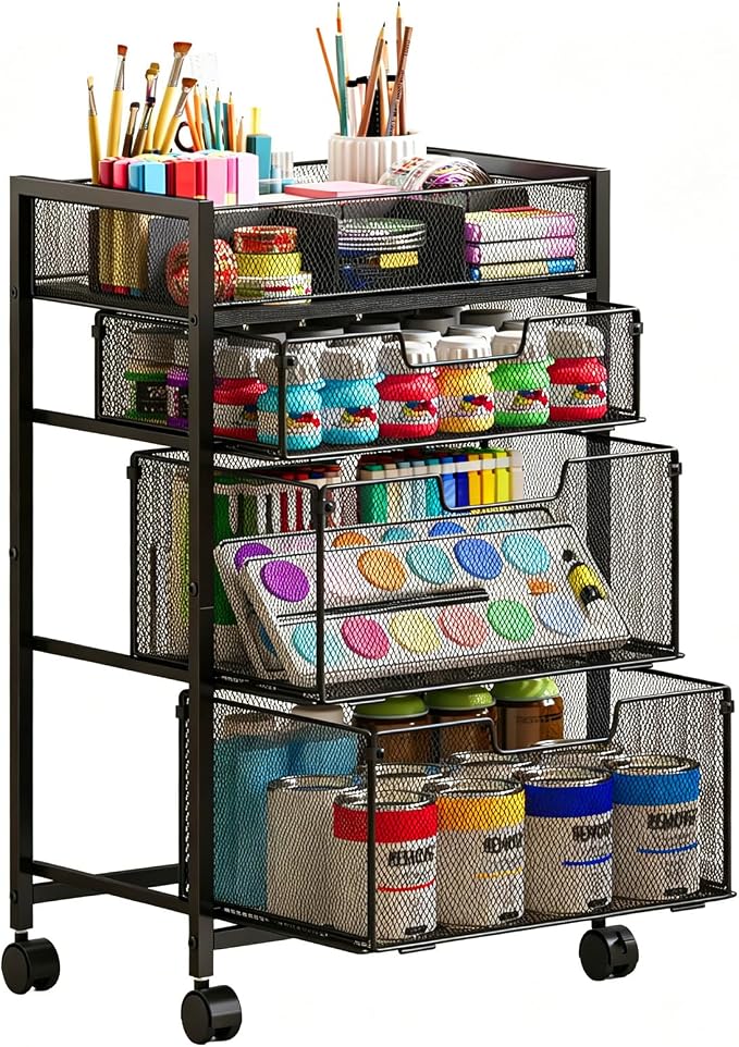 4-Tier Rolling Utility Cart with 3 Drawers, Craft Organizer and Storage with DIY Divider, Art-Craft Supplies with Caster Wheels, Multi-Functional Storage For Classroom, Office, Paints, Artifacts by Hayexiha