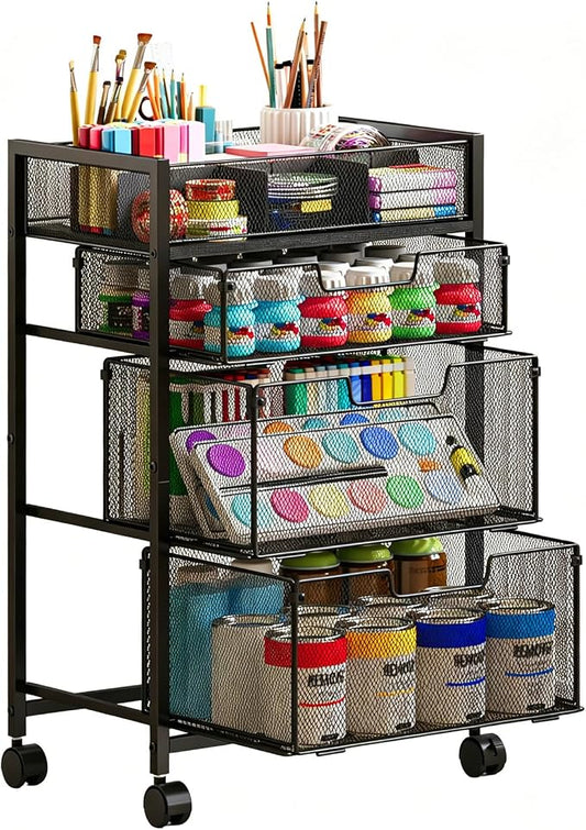 4-Tier Rolling Utility Cart with 3 Drawers, Craft Organizer and Storage with DIY Divider, Art-Craft Supplies with Caster Wheels, Multi-Functional Storage For Classroom, Office, Paints, Artifacts by Hayexiha